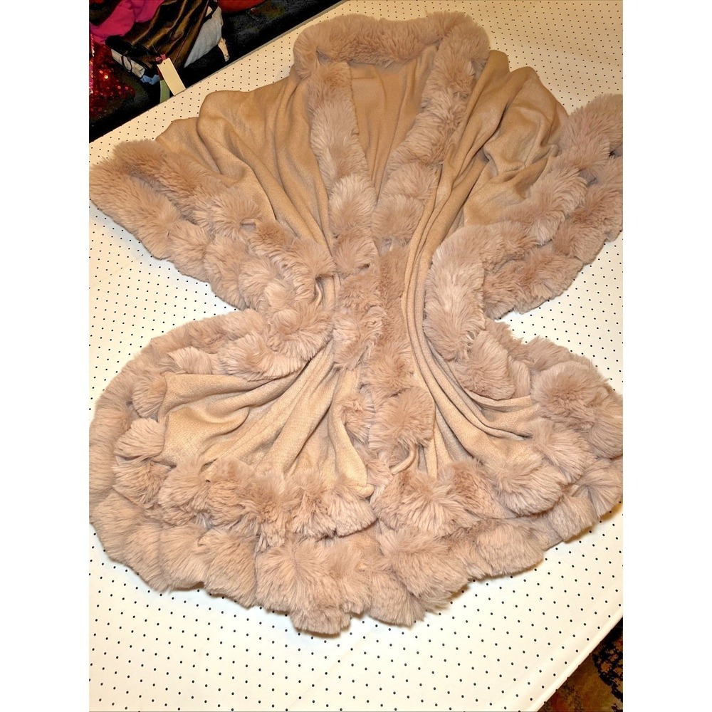 Luxury Faux Fur Trim Knit Poncho Wrap Shawl Cardigan One Size Soft Pink Cozycore - Picture 6 of 7